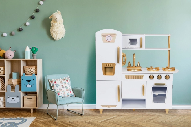 Velika drvena kuhinjica za djecu, bijela i zlatna, ECOTOYS