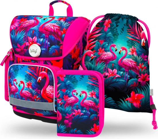 Školski set BAAGL Ergo Flamingosi – aktovka, pernica i vrećica