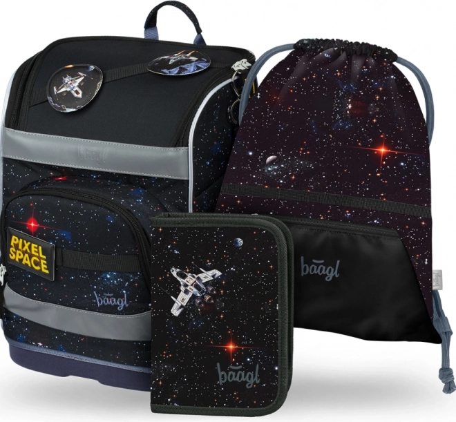 Školski set BAAGL: Zippy Plus Pixel Space - torba, pernica, vrećica