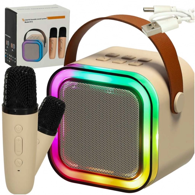 Karaoke set 2 mikrofona + prijenosni zvučnik BLUETOOTH USB LED bež boja