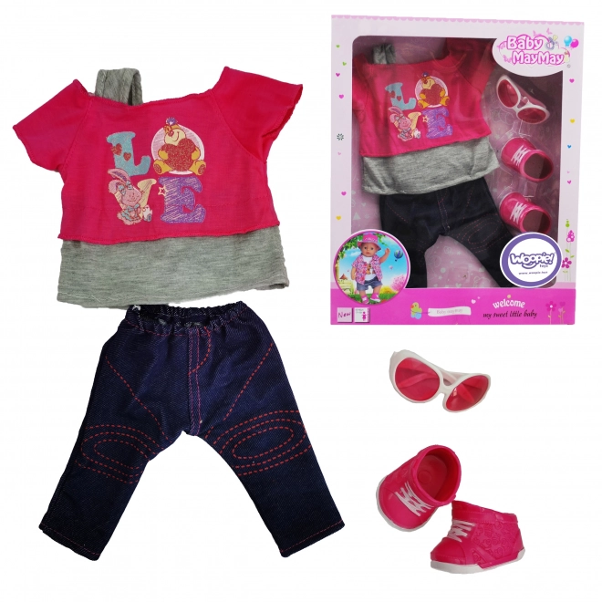 Stilna odjeća za lutku LOVE s naočalama i cipelama 43-46 cm