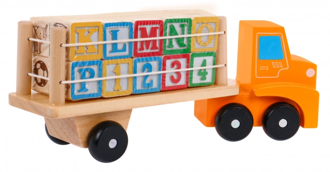 Drveni kamion s prikolicom i kockama za djecu 2+ Edukativna igračka + kocke s slovima i brojevima