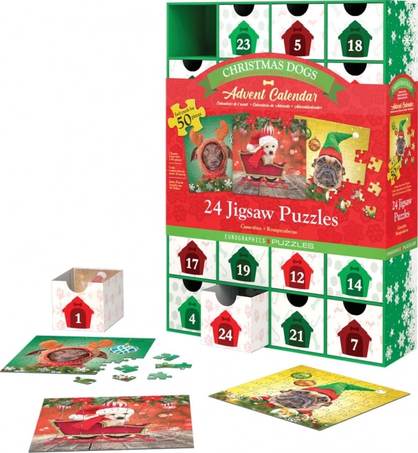 Adventni kalendar s puzzlama Eurographics 24 x 50 komada – Božićni psići