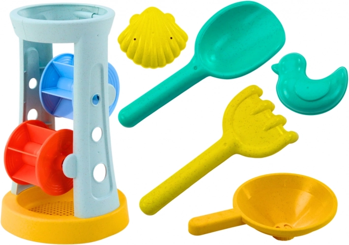 set igračaka za pijesak s mlincem, lopaticom, grabljicama i kalupima