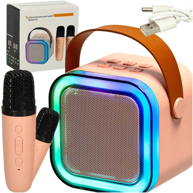 Karaoke set 2 mikrofona + prijenosni zvučnik BLUETOOTH USB LED ružičasta