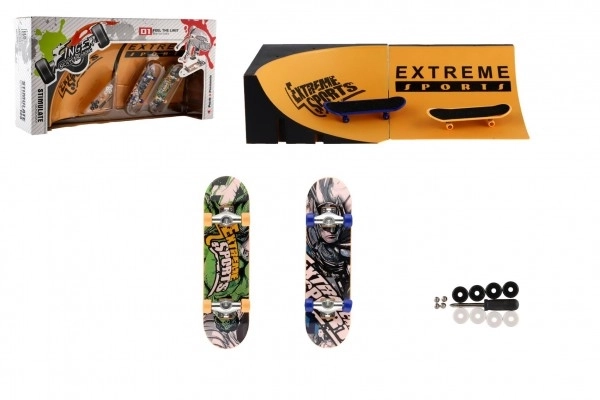 Prstni skejtbord sa vijcima 2 kom plastičnih 10cm s rampom s dodacima 2 boje u kutiji 35x9x18cm
