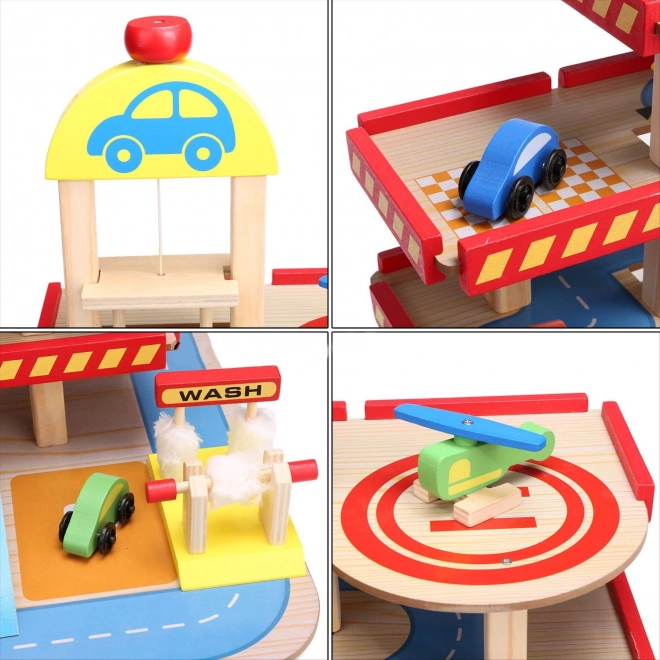 ECOTOYS Drvena garaža na kat s dizalom, heliodromom i dodatnom opremom
