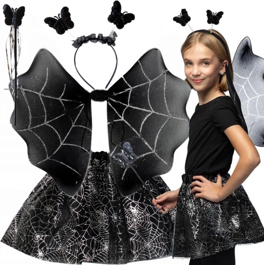 Dječji halloween kostim s krilima, suknjom i rajfom s leptirima te uzorkom paučine