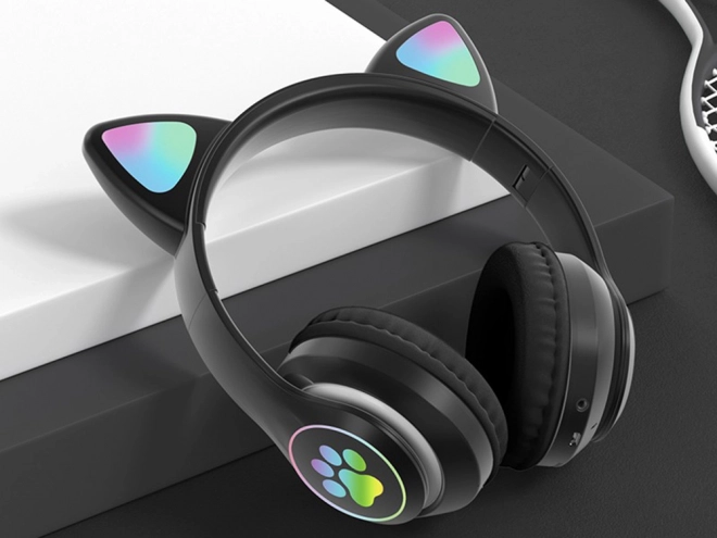 Bežične slušalice bluetooth radio fm mp3 mačje uši led osvjetljenje – Crne