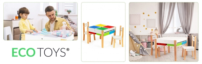ECOTOYS Dječji drveni stol s pločom za igru i dvije stolice