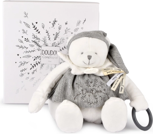 Doudou plišani polarni medvjedić s prstenom 30 cm sivi