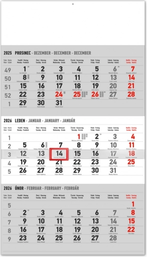 Zidni tromjesečni kalendar s češkim imenima 2026 sivi