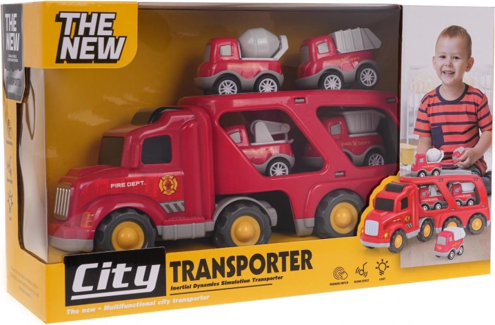 Set vatrogasnih vozila s kamionom – transporter i 4 autića sa svjetlima i zvukovima