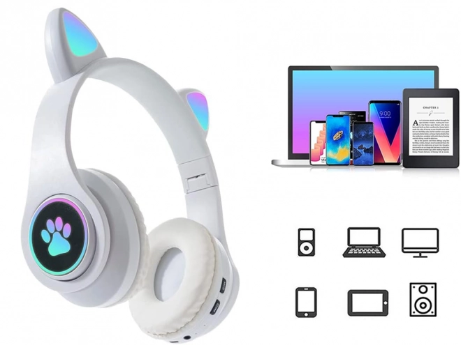 Bežične slušalice bluetooth radio fm mp3 mačje uši led osvjetljenje – Bijele