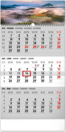 Zidni tromjesečni kalendar krajina sivi 2026 s češkim imenima 29,5 × 43 cm
