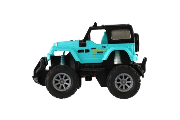 Auto RC terenac 14cm plast 27MHz na baterije sa svjetlom u kutiji 20x11x10cm – Tirkizno