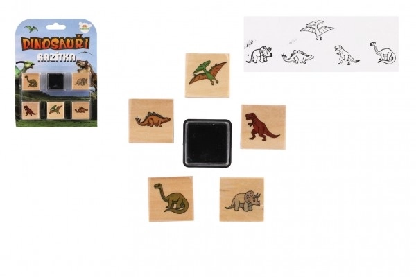 Drveni pečati 5+1 s jastučićem dinosauri 3x3cm na kartici