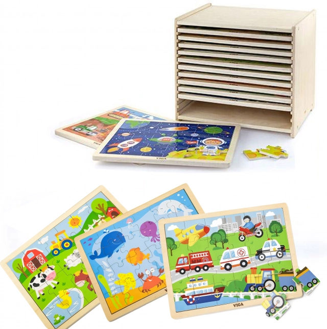 Drvene puzzle Viga – set od 12 okvirnih slagalica po 24 dijela na stalku