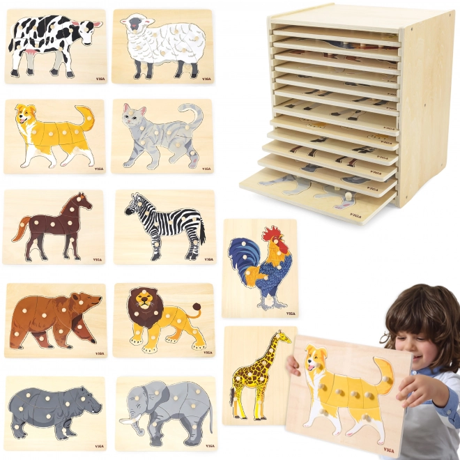 Set drvenih slagalica s 12 životinja Montessori s postoljem Viga