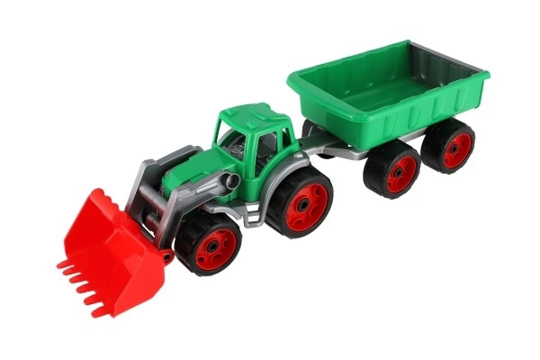 Traktor/nakladač/bager s prikolicom s plastičnom lopatom na slobodnu vožnju 2 boje u mrežici 16x61x16cm