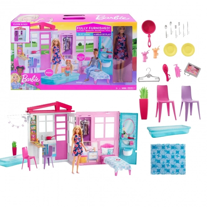 Barbie kućica za lutke s priborom i lutkom GWY84