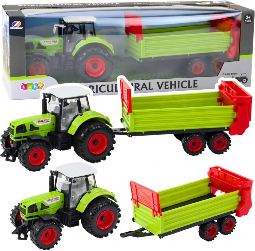 Traktor s prikolicom na zamašnjak, otvarajuća hauba i vrata, zeleni