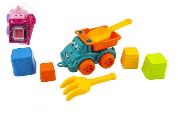 Set za pijesak 6 kom plast autić slobodni hod s dodacima 2 boje u mrežici 16x13x21cm 12m+