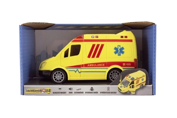Auto hitna pomoc plast 20 cm na inerciju na baterije sa zvukom i svjetlom u kutiji 26x15x12 cm