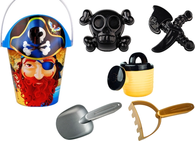 Piratki set za pijesak – kanta, kantić za zalijevanje, sito i kalupi (6 dijelova)