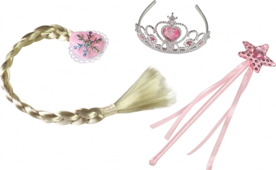 Princez set ružičaste boje s pletenicom (kruna, čarobni štapić, pletenica)