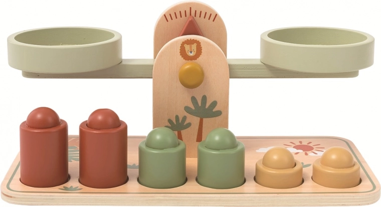 Drvena dječja vaga s posudama u pastelnim bojama inspirirana Montessori pristupom
