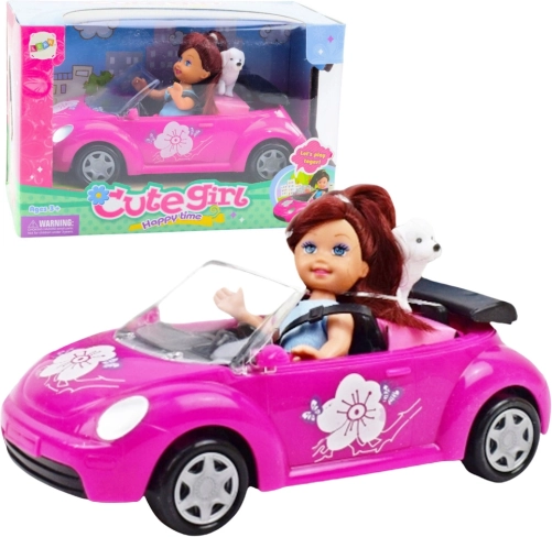 Mini lutkica s ružičastim kabrioletom i psićem