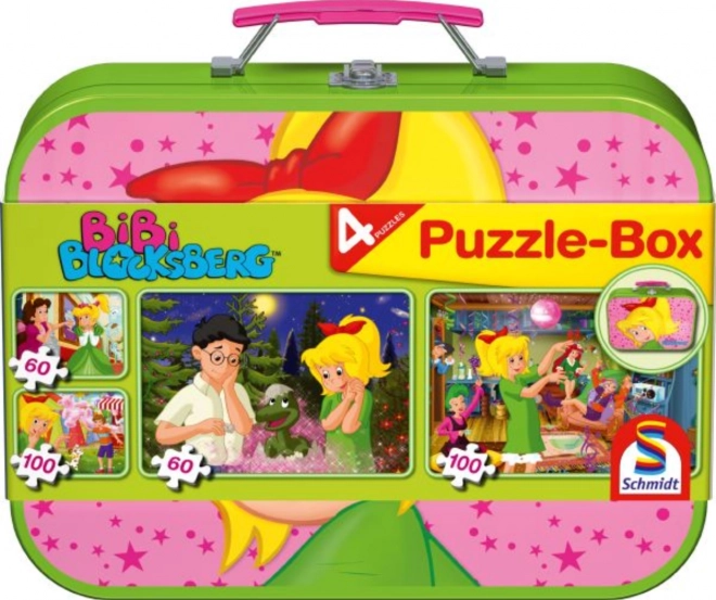 Puzzle Mala vještica Bibi 4u1 u limenom kovčežiću (60, 60, 100, 100 dijelova) SCHMIDT
