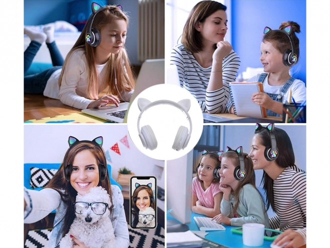 Bežične slušalice bluetooth radio fm mp3 mačje uši led osvjetljenje – Bijele