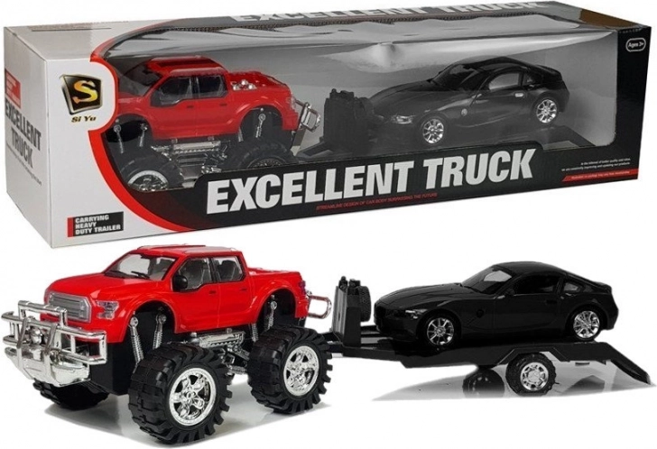 Set vozila crveni monster truck s prikolicom i crni BMW 58 cm