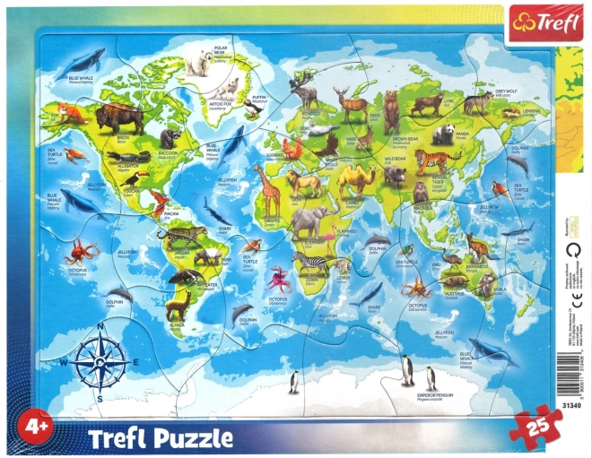 TREFL Puzzle Karta svijeta sa životinjama 25 komadića