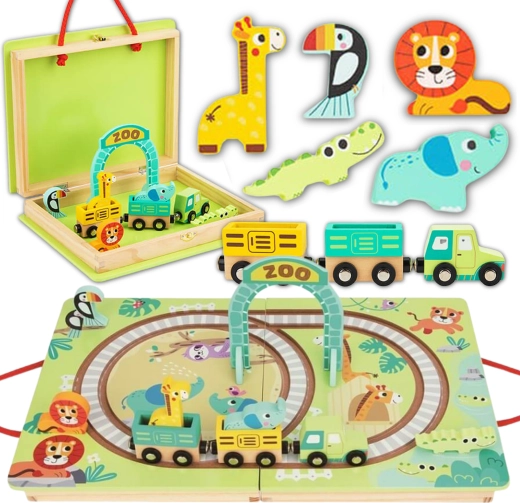 Tooky Toy drvena željeznička ZOO u kovčežiću s magnetskim vagonima