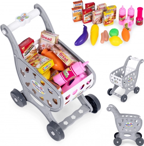 Sivi dječji trgovački kolica za igru u supermarketu ili kuhinji + 18 dodataka