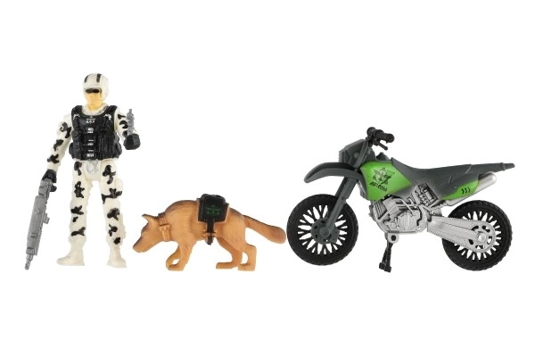 Vojni set plastična motor, vojnik, pas s dodacima u kutiji 23x14x4cm