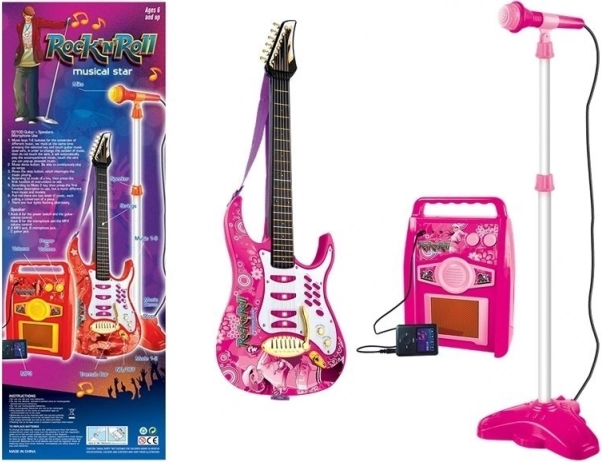 Ružičasta električna gitara s mikrofonom i pojačalom za djecu