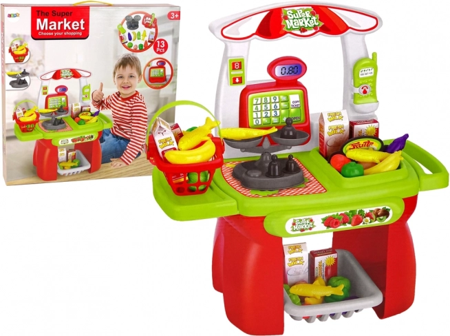 Dječji supermarket – košarica za kupnju, blagajna, vaga i namirnice (set od 13 dijelova)