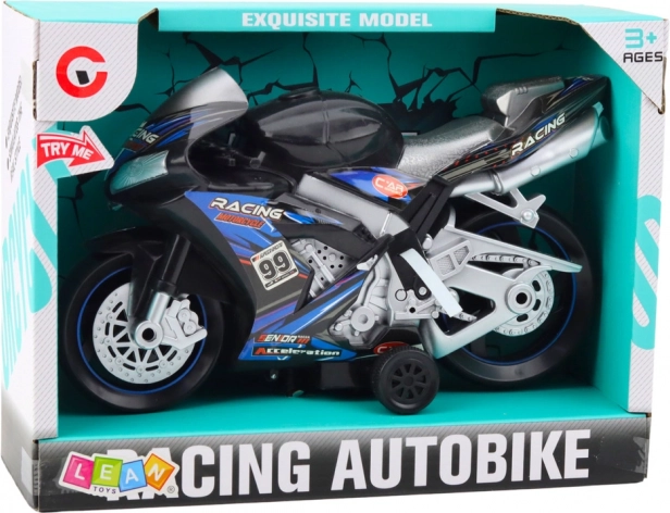 crno-plavi trkaći motocikl s efektima svjetla i zvuka