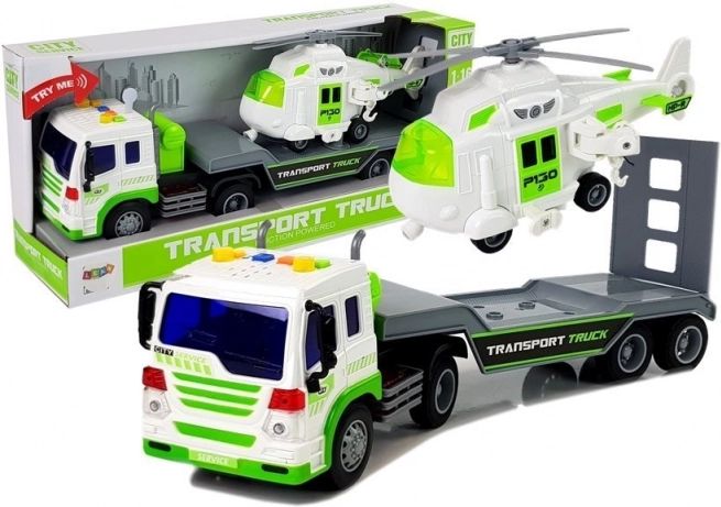 Teretni kamion s transportnom platformom i helikopterom 1:16 na baterije