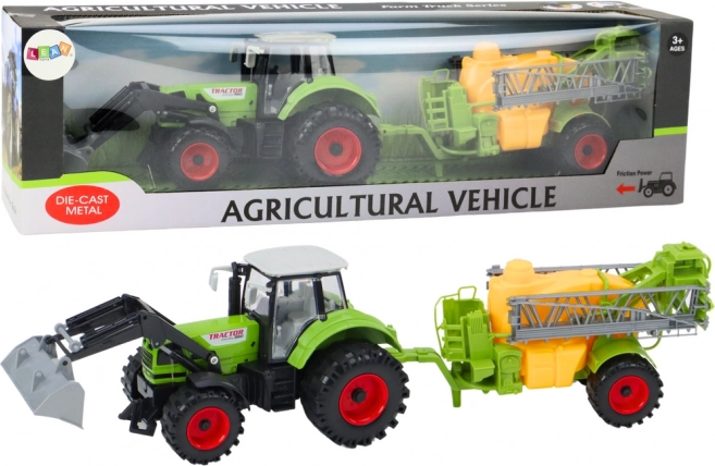 Traktor s utovarivačem i prskalicom zeleni