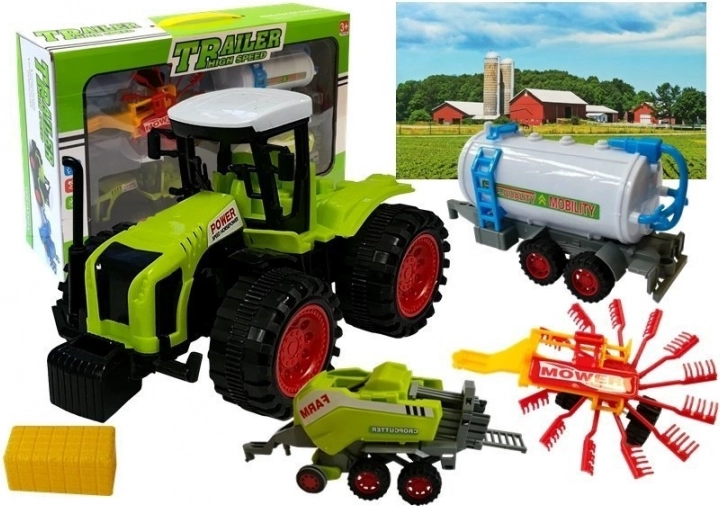 Farmerski set vozila s traktorom, cisternom, sakupljačem sijena i balirkom