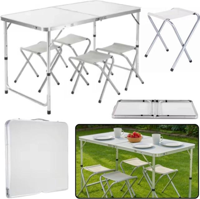 Sklopivi kamping set sa stolom i 4 siva stolca