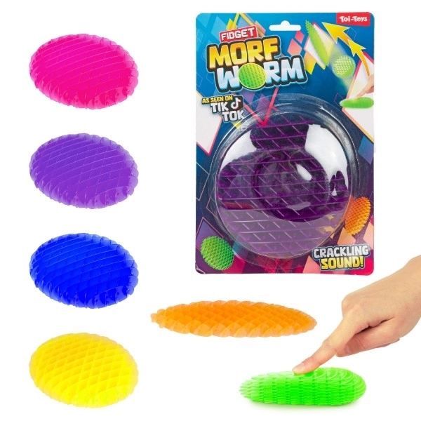Worm za igru mijenjajući oblike antistres plastični 13cm 6 boja na kartici