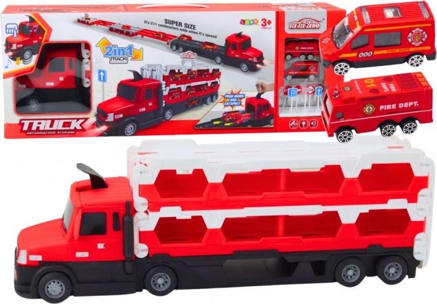 Teretni autotransporter 2-u-1 s izvlačnom trkaćom stazom, svjetlima i zvukovima – crveni