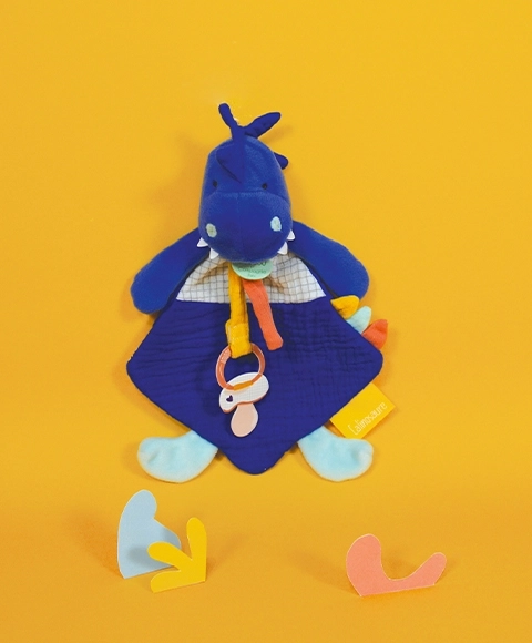 Doudou igračka s držačem za dudu dinosaurus plavi 23 cm