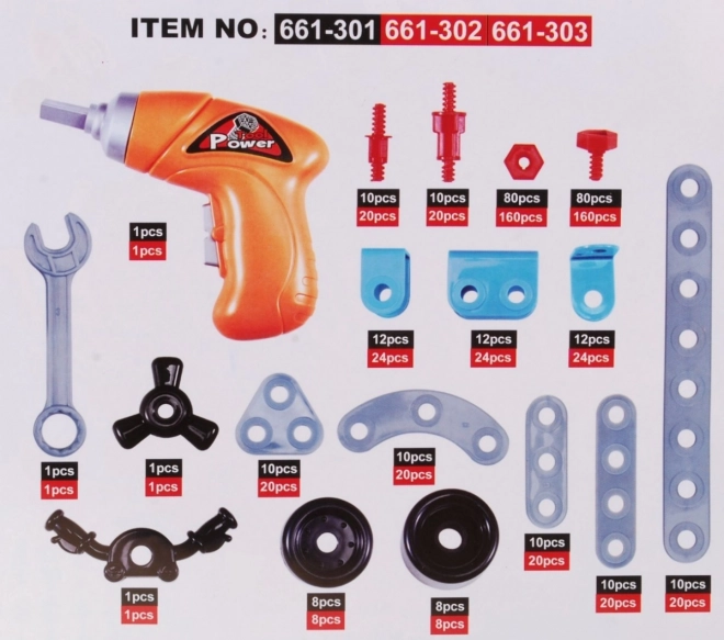 Set za djecu + električni odvijač + alat + 10 modela za gradnju - 552 dijelova